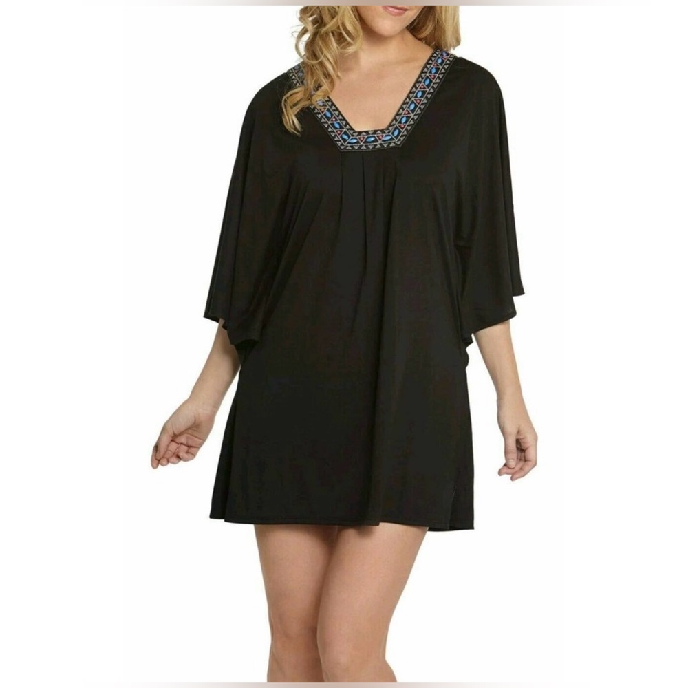 Dotti Black Swim Cover-Up withBeaded Embroidered Blue Accents Size‎ M